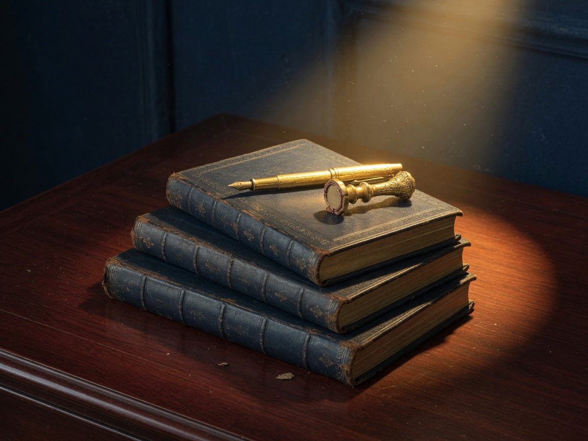 Navy leather volumes, a gold pen and seal in lamplight
