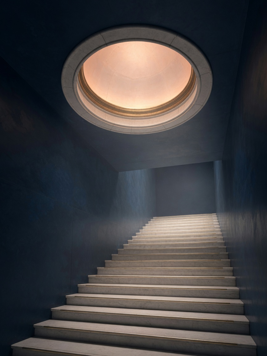 A pale stone stair rising toward a gold circular light in a navy hall