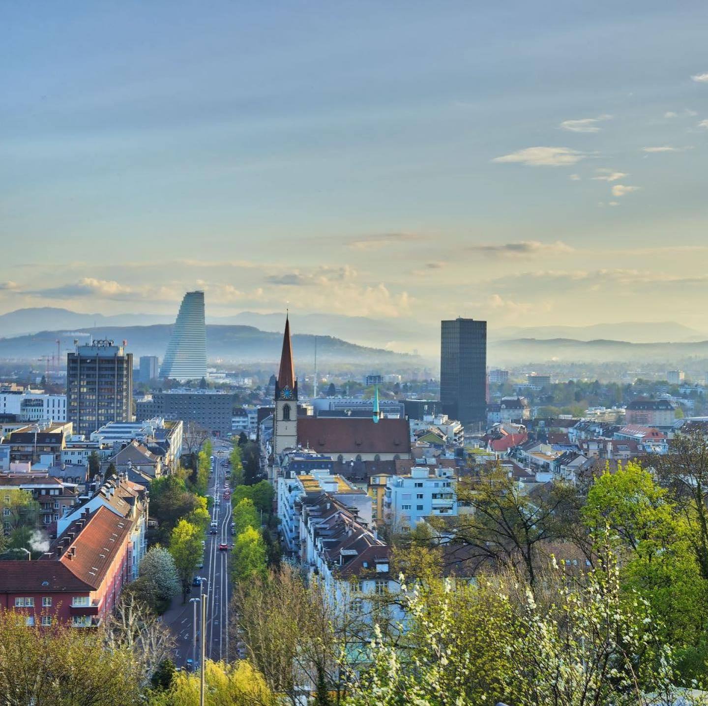 Basel Rhine cityscape with old town and institutional buildings